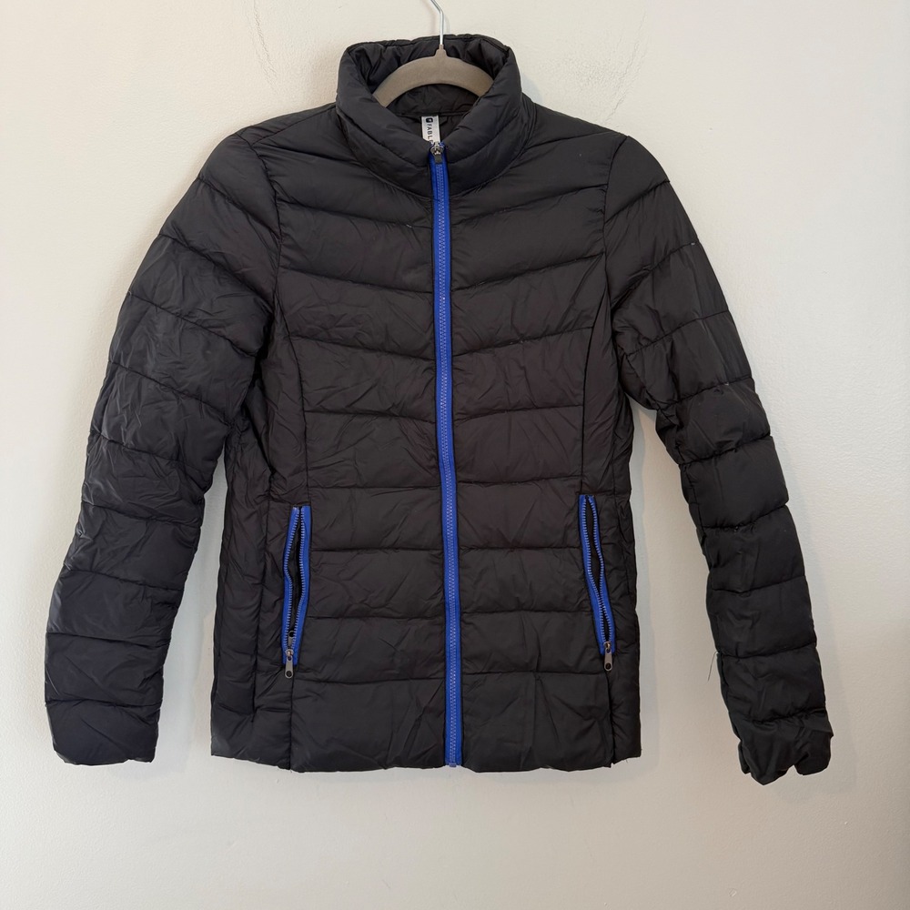 Fabletics Womens Down Puffer Jacket Black Blue Zip XS 394980-18-XS Lightweight